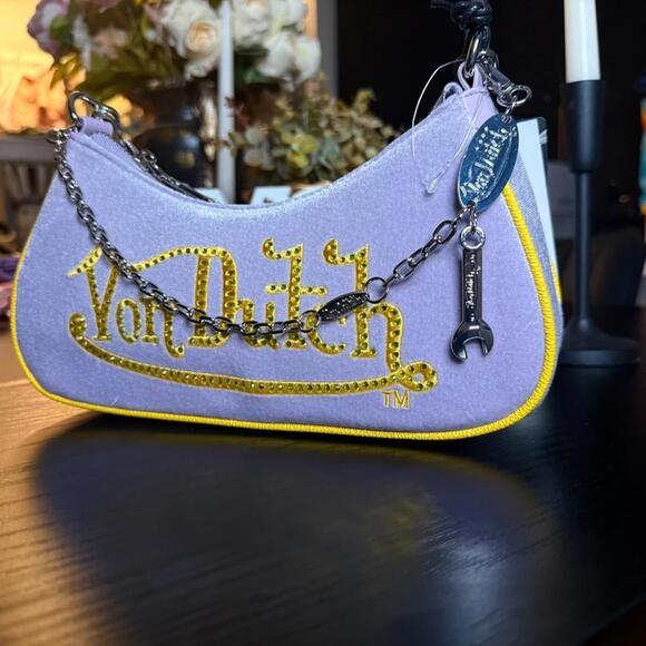 Von Dutch Purple Velvet Shoulder Bag Y2k Rhinestone Logo Chain Charm Nwt